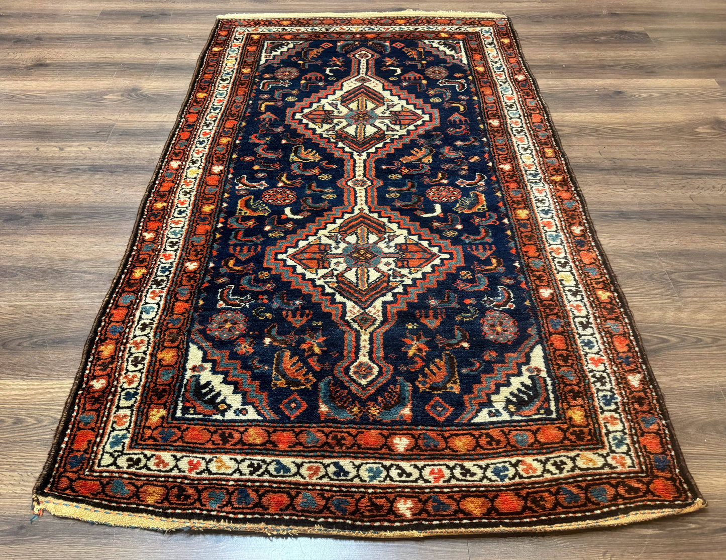 Persian Hamadan Rug 4x6 Antique Navy Blue Geometric Double Medallions Tribal Carpet