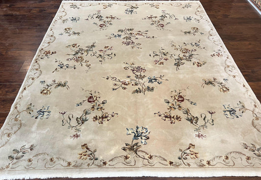 Handmade Chinese Aubusson Wool and Silk Rug 8x10 Vintage Beige Floral European Design
