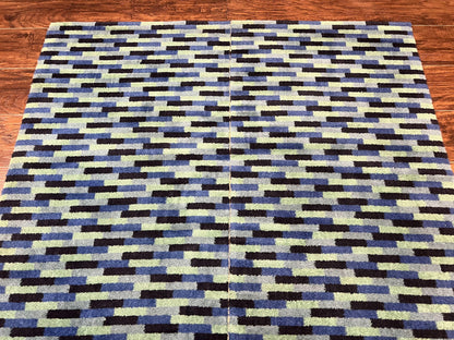 Wool Runner Rug Blue Multicolor Mosaic Design 4.7 x 12 Contemporary Power Loomed