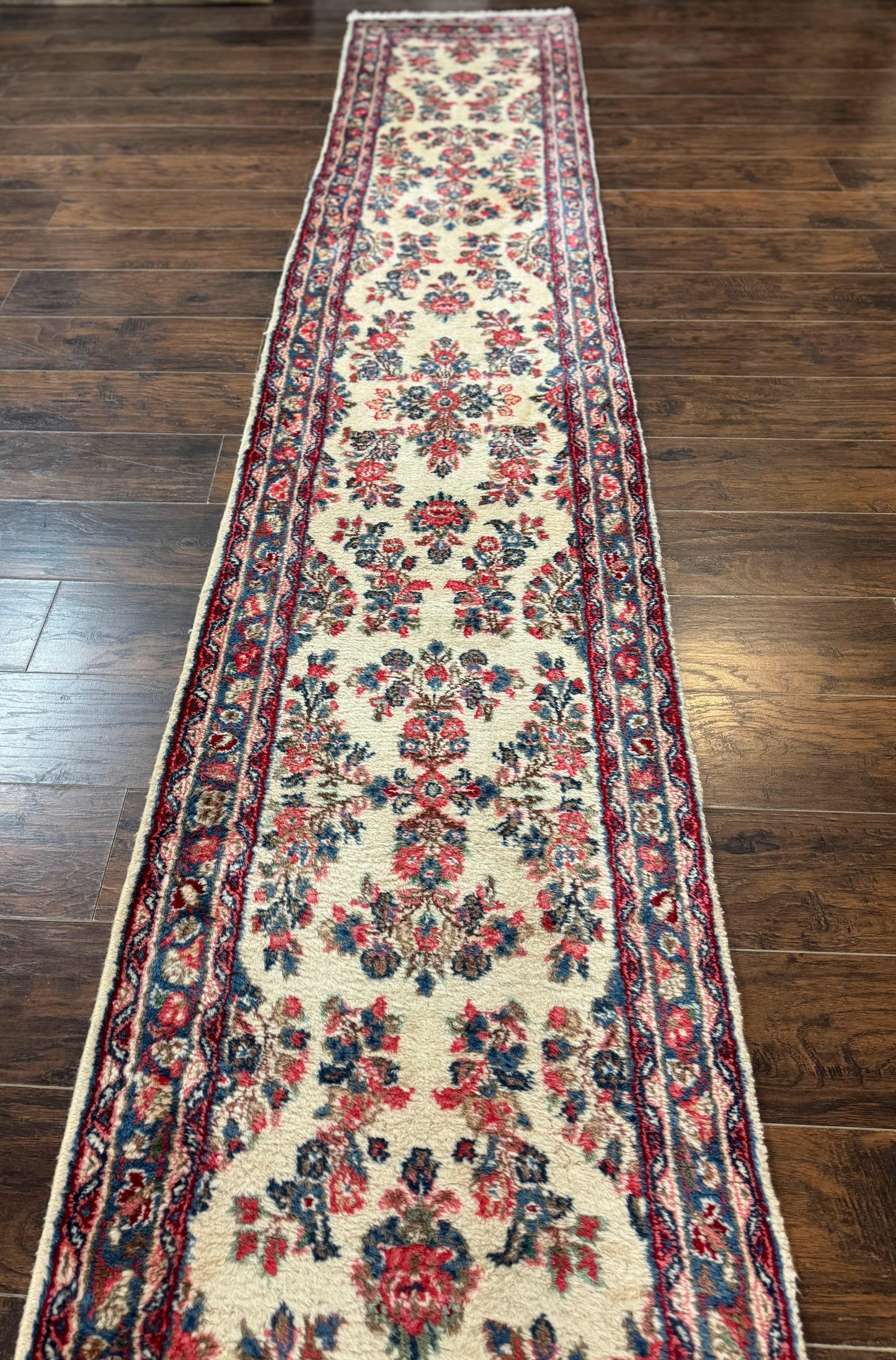 Persian Sarouk Runner Rug Handmade Wool Floral Hallway Ivory