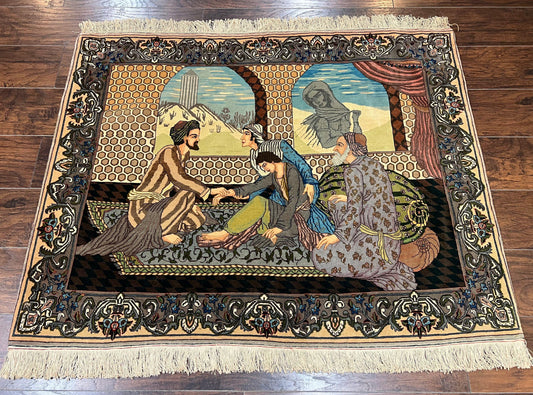 Persian Tabriz Pictorial Rug 4.8 x 3.8, Horizontal Oriental Carpet for Hanging on Wall, Hand Knotted Wool Vintage Fine Carpet, Doctor and Patients