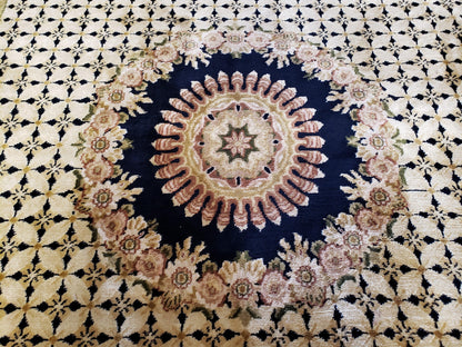 Indo Tibetan Wool Rug Handmade 6x8 Floral Border In Black Cream