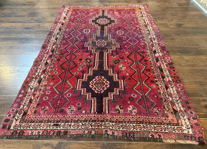 Persian Tribal Shiraz Rug 5x8, Geometric, Raspberry Red and Charcoal, Antique Persian Carpet