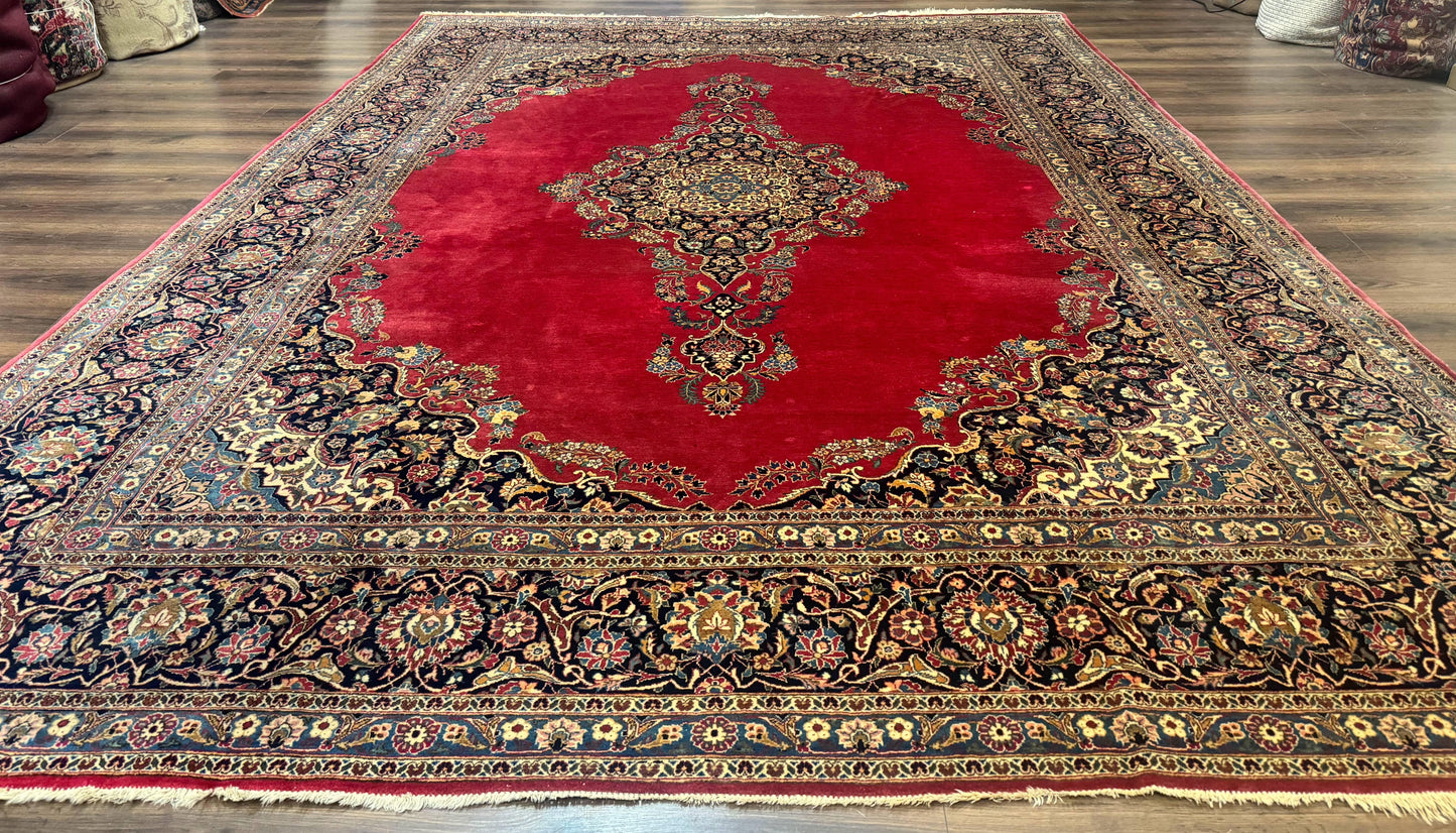 Persian Kashan Rug 9x12, Traditional, Semi Open Field, Red, Signed By Master Weaver, Antique Rug
