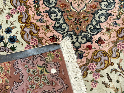 Persian Tabriz Rug 7x10 Very Fine 330 KPSI Kork Wool Silk Foundation With Bird Pictorials In Light Green Light Blue Pink