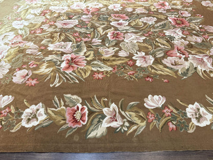 Large Needlepoint Rug 11x14, Vintage Floral Wool Carpet, Caramel