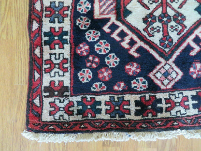 Persian Runner Rug 3.5 x 10.7, Karajeh Heriz Rug, Navy Blue, Geometric Medallions