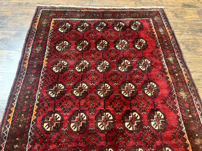 Persian Turkoman Tribal Rug 4x8, Handmade Vintage Wool Carpet, Red, Bohemian Rug
