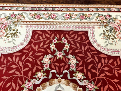 Aubusson Rug Handmade Vintage Needlepoint Carpet 9x12 Red Ivory Wool Elegant European Design