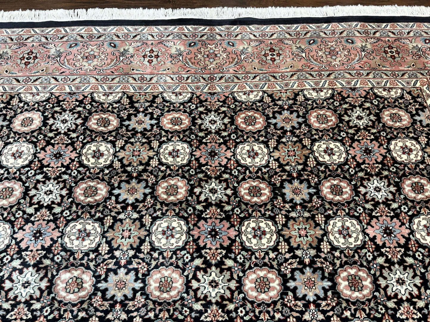 Indo Persian Rug 9x12, Vintage Handmade Wool Carpet, Repeated Allover Motif, Navy Blue and Pink