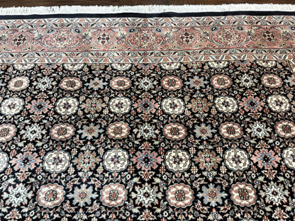 Indo Persian Rug 9x12, Vintage Handmade Wool Carpet, Repeated Allover Motif, Navy Blue and Pink