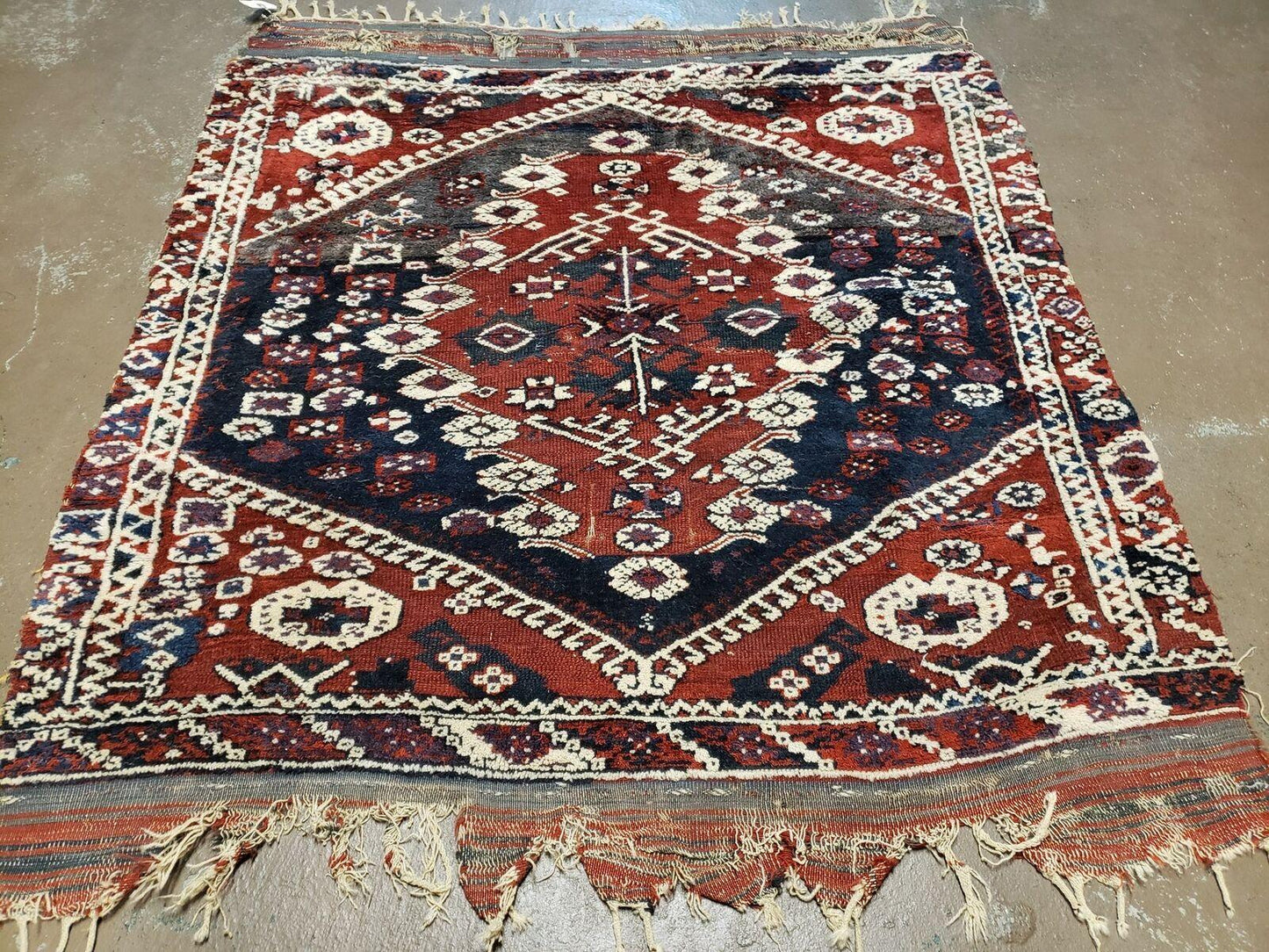 Antique Turkish Rug Bergama Wool Handmade With Vegetable Dyes Medallion Pattern 47 By 52 Inches