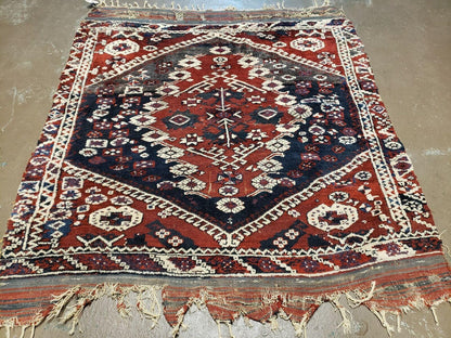 Antique Turkish Rug Bergama Wool Handmade With Vegetable Dyes Medallion Pattern 47 By 52 Inches