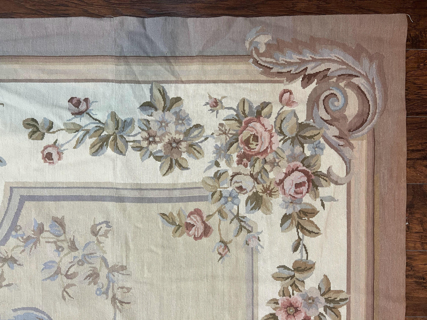 Aubusson Needlepoint Rug 9x12 Vintage Handmade Wool Beige Floral Roses European Elegant