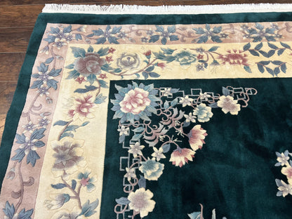 Chinese Art Deco Wool Hand Knotted Rug 9x12 Vintage Carpet Dark Green Cream