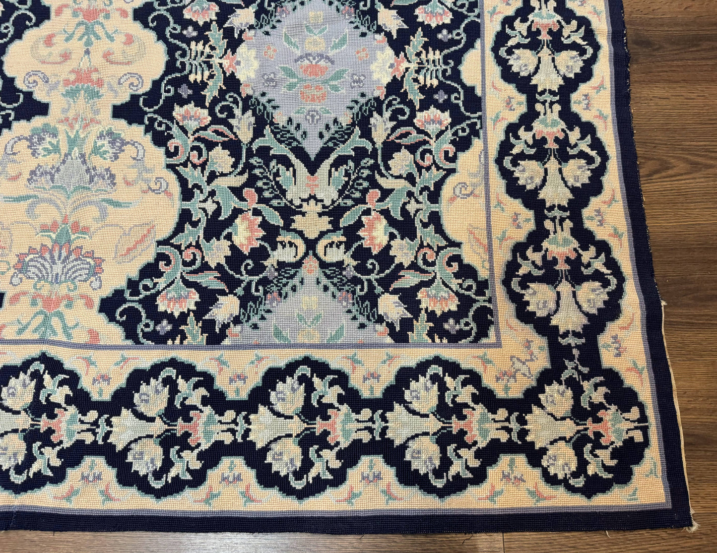 Needlepoint Rug 6x9, Ivory and Navy Blue