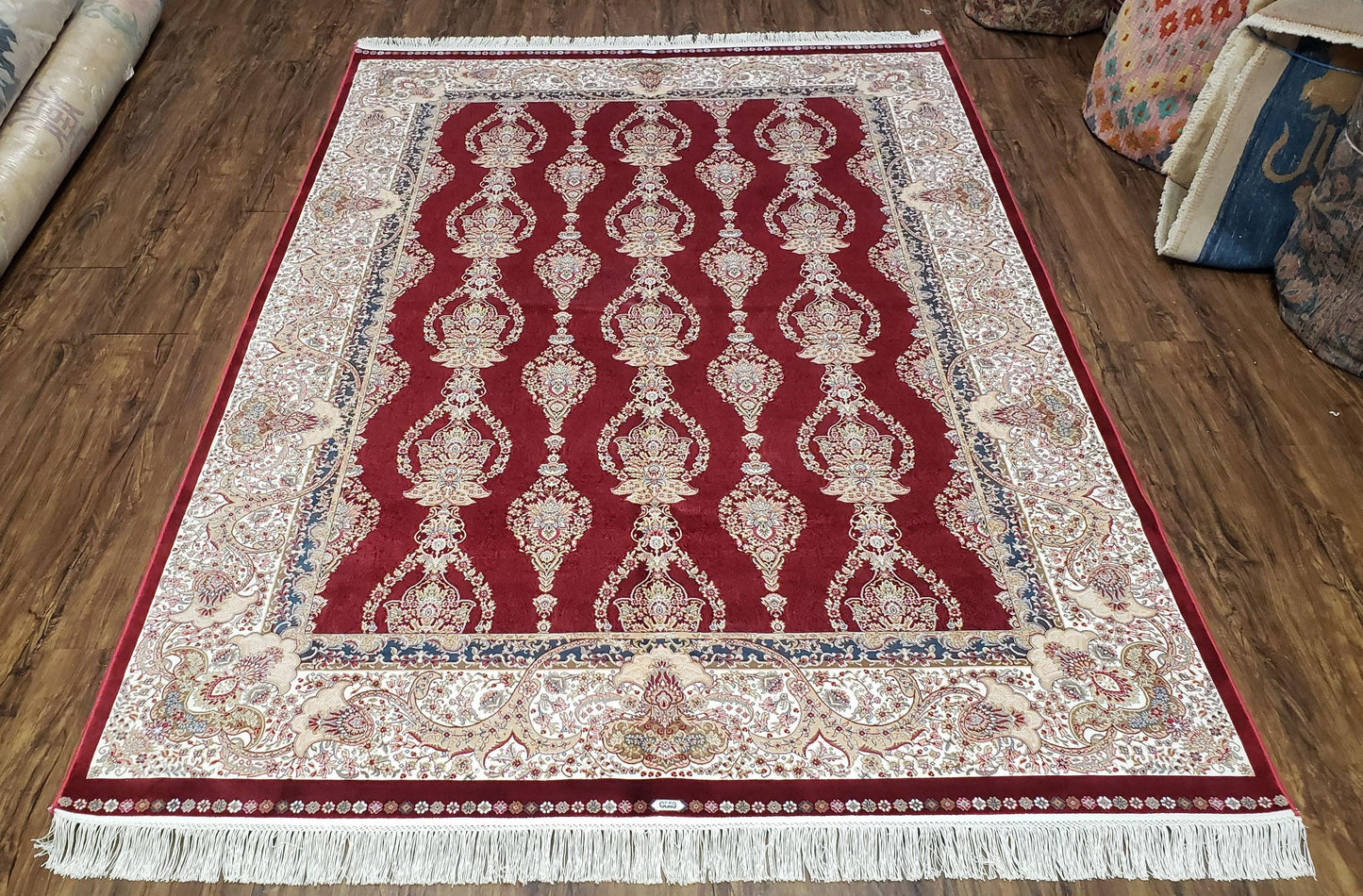 Dark Red Silk Carpet 5.3 x 7.6 ft, 5x8 Silk Rug, New Turkish Silk Carpet, Mint Condition, Beige & Red Area Rug, Bamboo Silk, High Quality