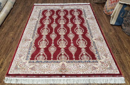 Dark Red Silk Carpet 5.3 x 7.6 ft, 5x8 Silk Rug, New Turkish Silk Carpet, Mint Condition, Beige & Red Area Rug, Bamboo Silk, High Quality
