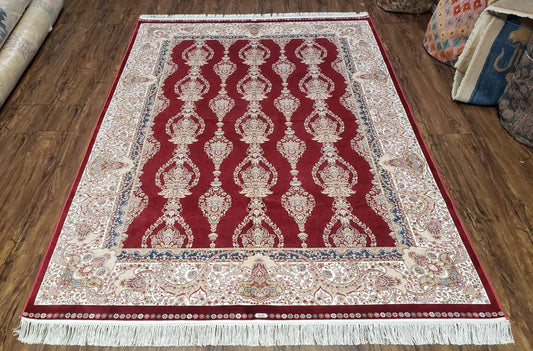 Dark Red Silk Carpet 5.3 x 7.6 ft, 5x8 Silk Rug, New Turkish Silk Carpet, Mint Condition, Beige & Red Area Rug, Bamboo Silk, High Quality