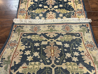 Indian Runner Rug 2.6 x 12, Navy Blue Beige Oriental Runner Rug 12ft Long, Narrow Hallway Runner, Wool Hand Knotted Indo Persian Mahal Rug