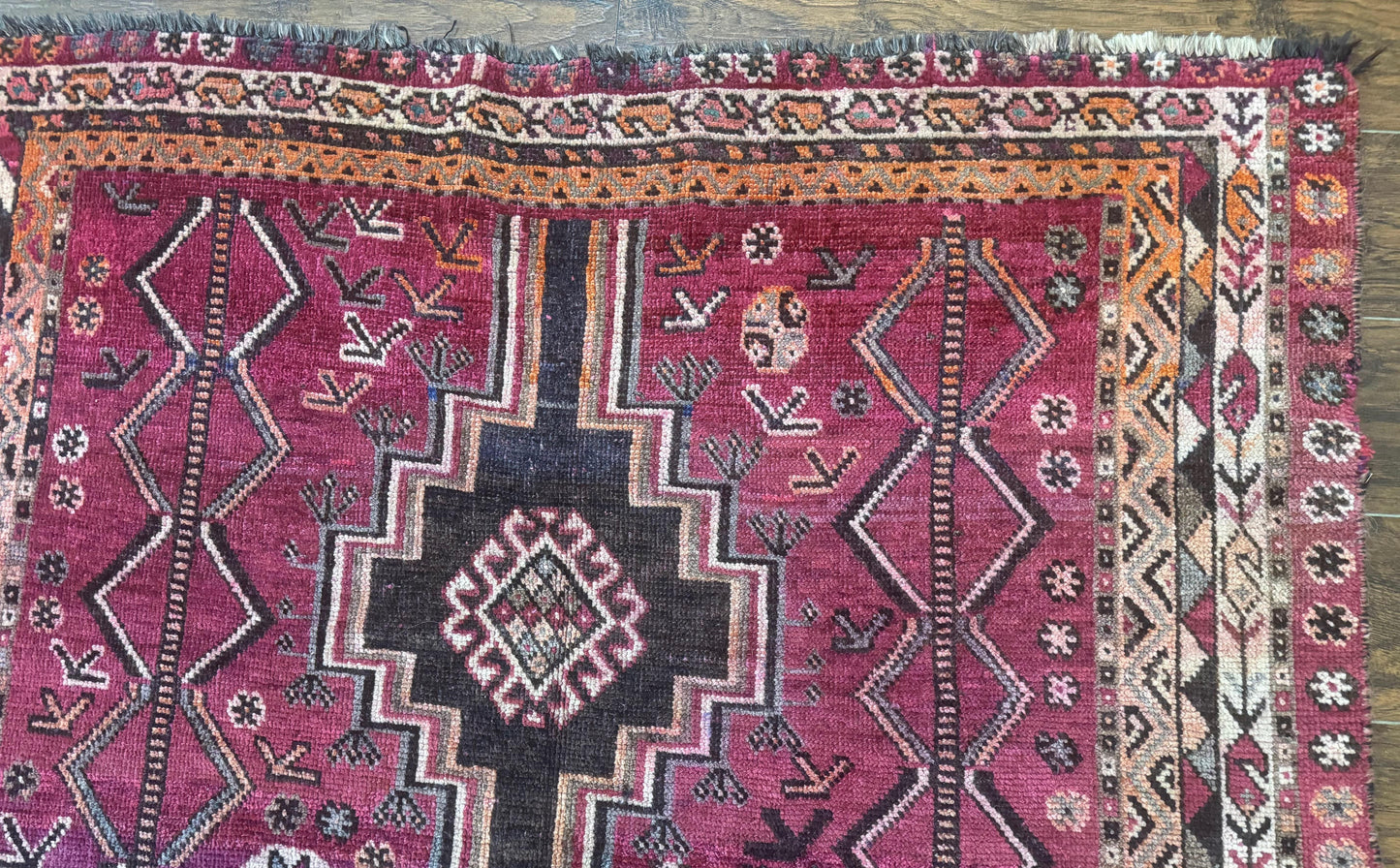 Persian Tribal Shiraz Rug 5x8, Geometric, Raspberry Red and Charcoal, Antique Persian Carpet