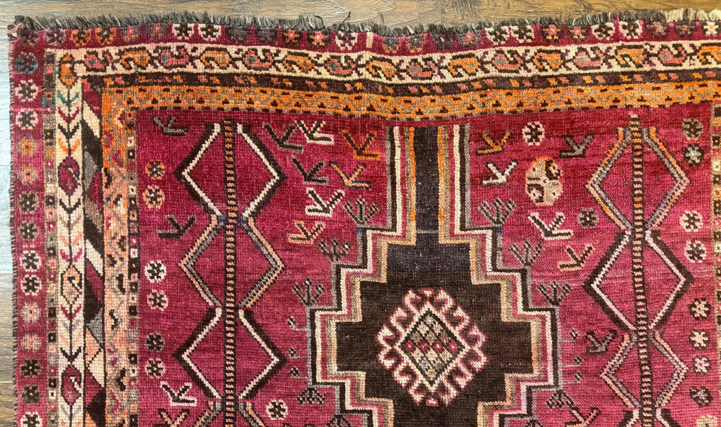 Persian Tribal Shiraz Rug 5x8, Geometric, Raspberry Red and Charcoal, Antique Persian Carpet