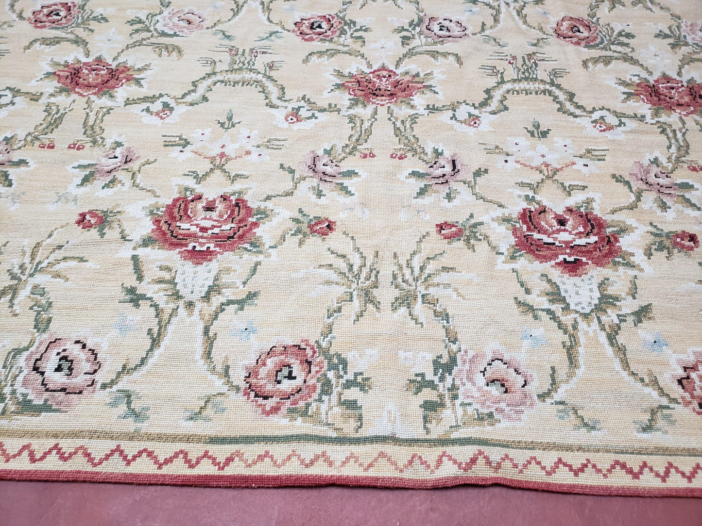 Needlepoint Rug 10x14 Wool Flatweave Carpet, English Floral Pattern, Pale Yellow, Roses, Allover Pattern, Handmade Large Needlepoint Nice