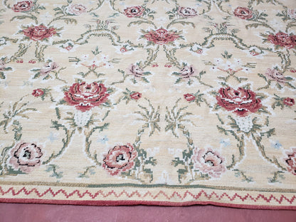 Needlepoint Rug 10x14 Wool Flatweave Carpet, English Floral Pattern, Pale Yellow, Roses, Allover Pattern, Handmade Large Needlepoint Nice