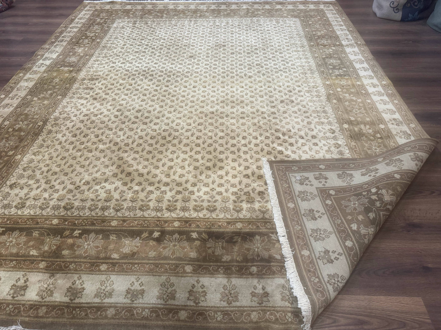 Indo Persian Rug, Allover Pattern, Beige, Wool Handmade Carpet