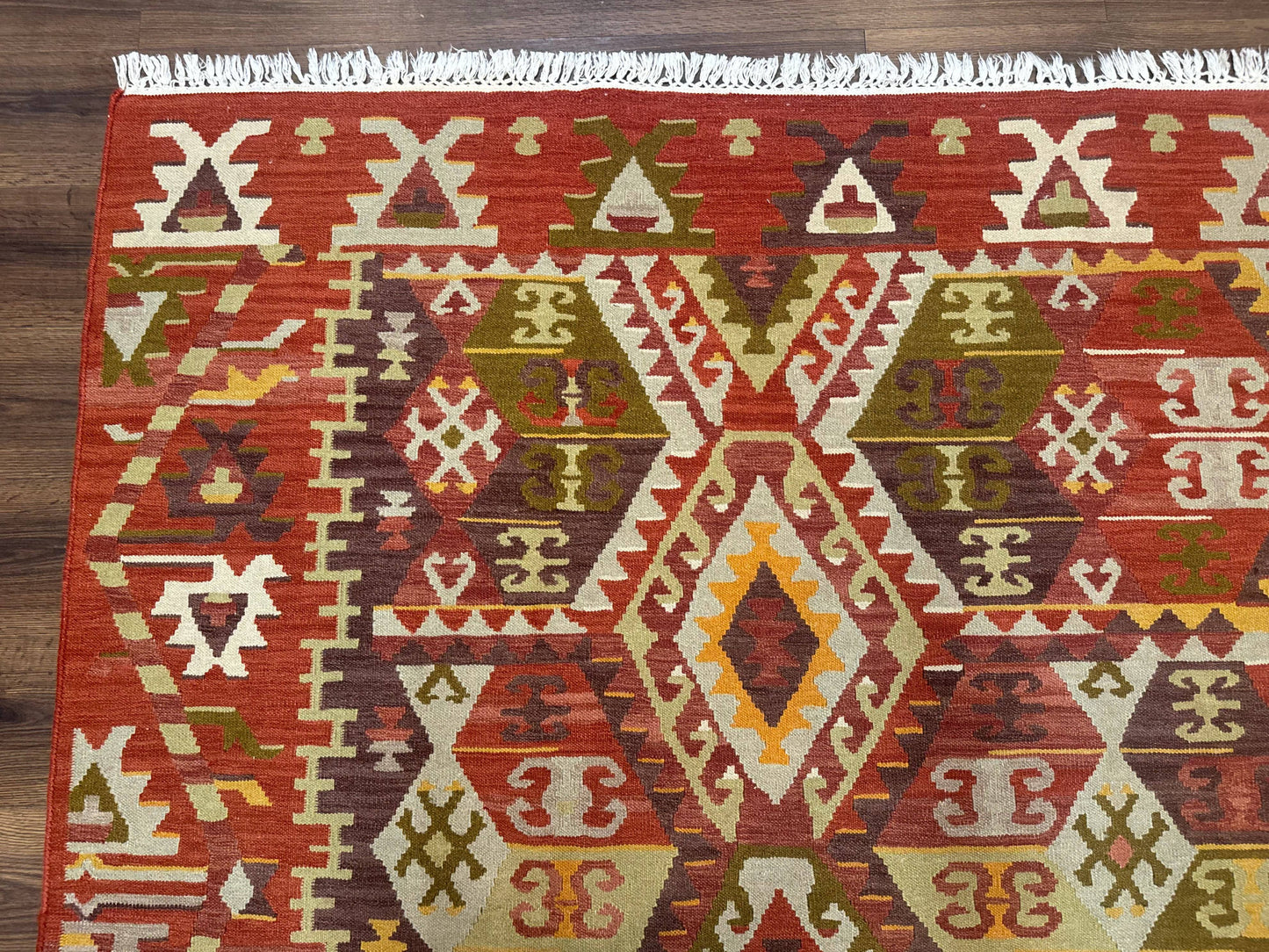 Turkish Kilim Rug 8x10 Geometric Design Handwoven Wool Carpet