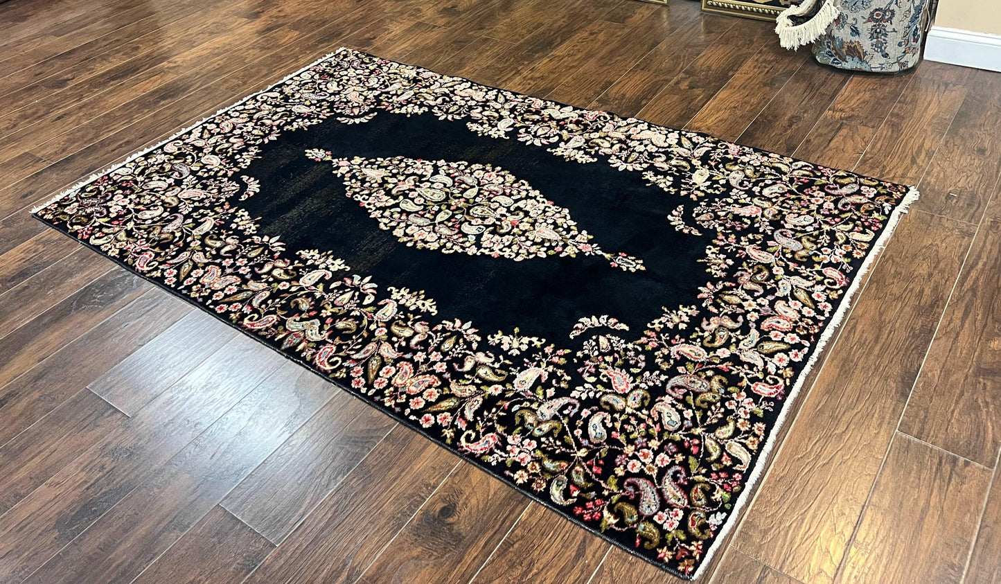 Antique Persian Kirman Rug 5x8, Floral Kirman, Midnight Blue/Black, Semi Open Field, Handmade Vintage Wool Carpet