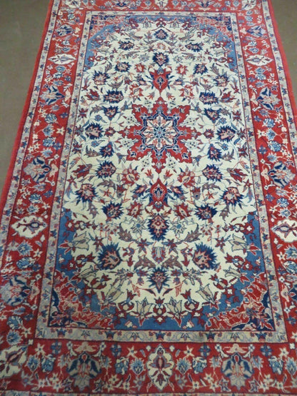 Oriental Floral Medallion Wool Rug Vintage Handmade 3x5 Beige Red Blue Veg Dyes