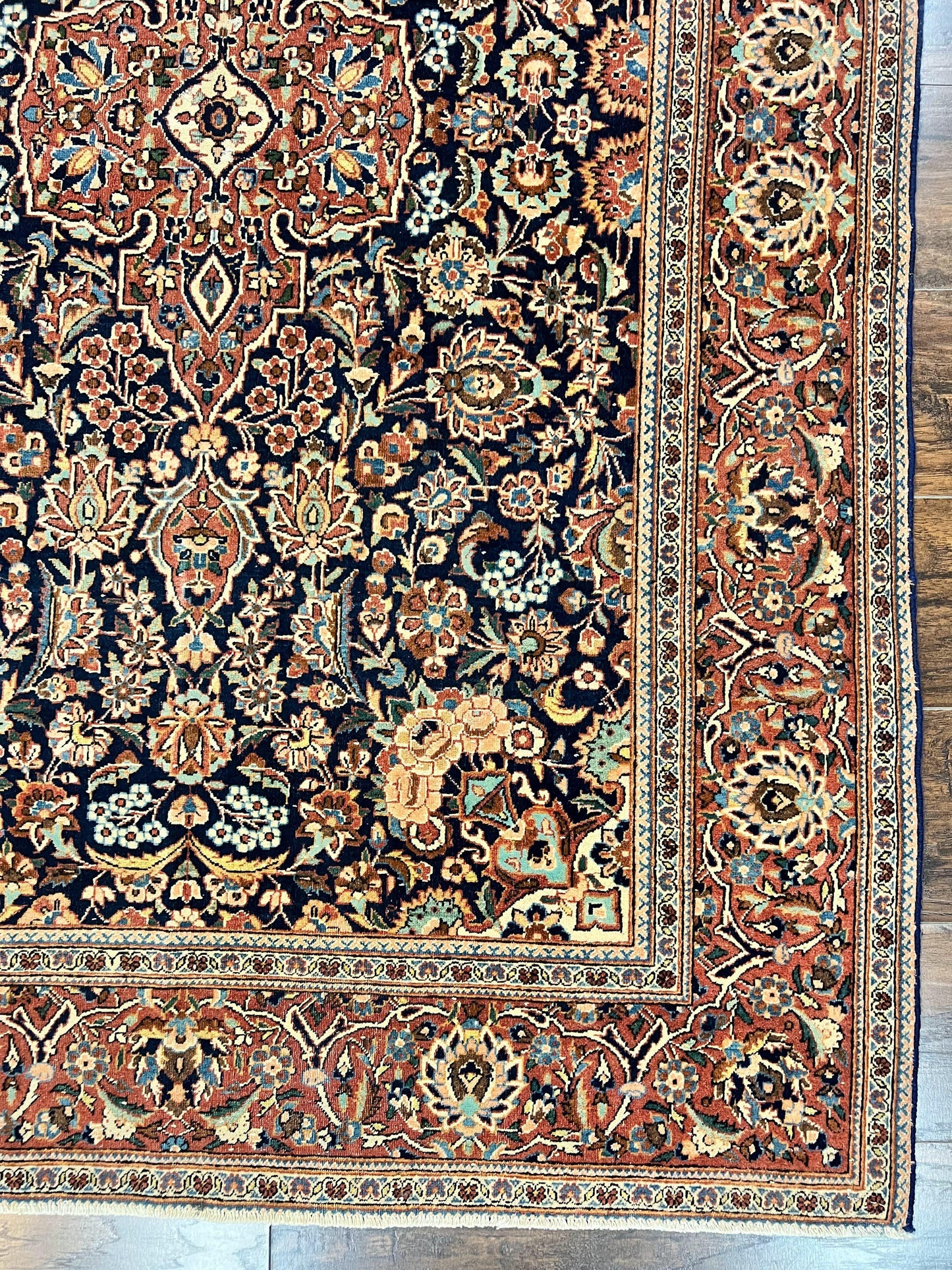 Persian Kashan Rug 4x7, Floral Medallion Vintage Handmade Hand Knotted Navy Blue & Red Wool Oriental Carpet, Highly Detailed Semi Antique Rug