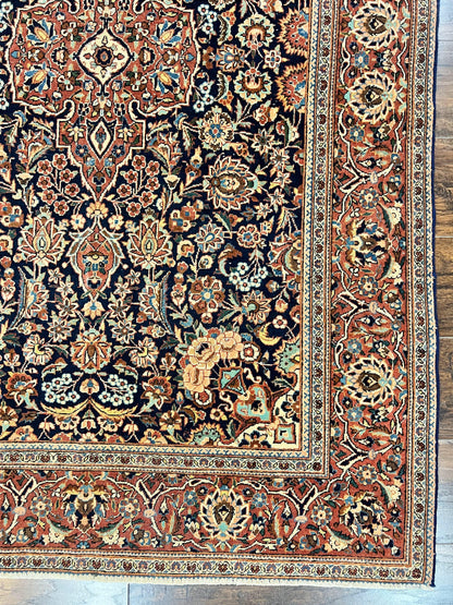Persian Kashan Rug 4x7, Floral Medallion Vintage Handmade Hand Knotted Navy Blue & Red Wool Oriental Carpet, Highly Detailed Semi Antique Rug