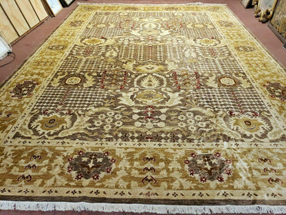 Pak Peshavar Chobi Agra Wool Carpet 10x14 Handmade Floral Pattern Rug Coffee Brown Gold