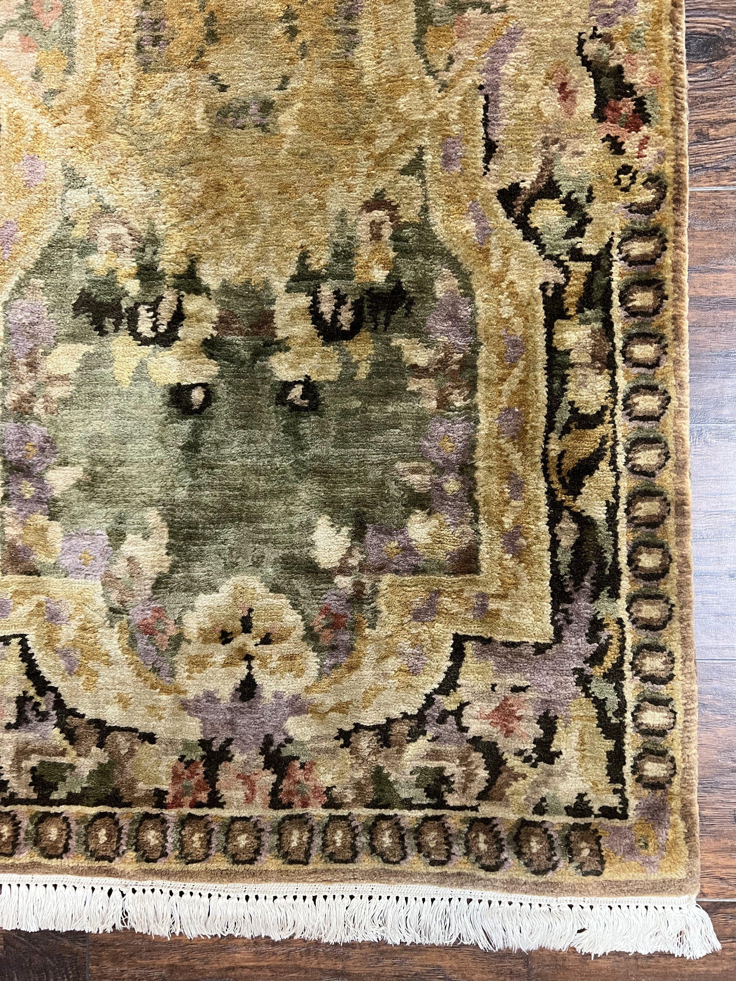 Tibetan Runner Rug 2.6 x 10, French Aubusson Pattern, Gold Olive Green, Vintage Handmade European Design, Wool Hallway Rug