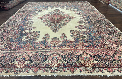Persian Sarouk Rug 9x12 Ivory and Blue Hand Knotted Antique 1920s Semi Open Field Medallion