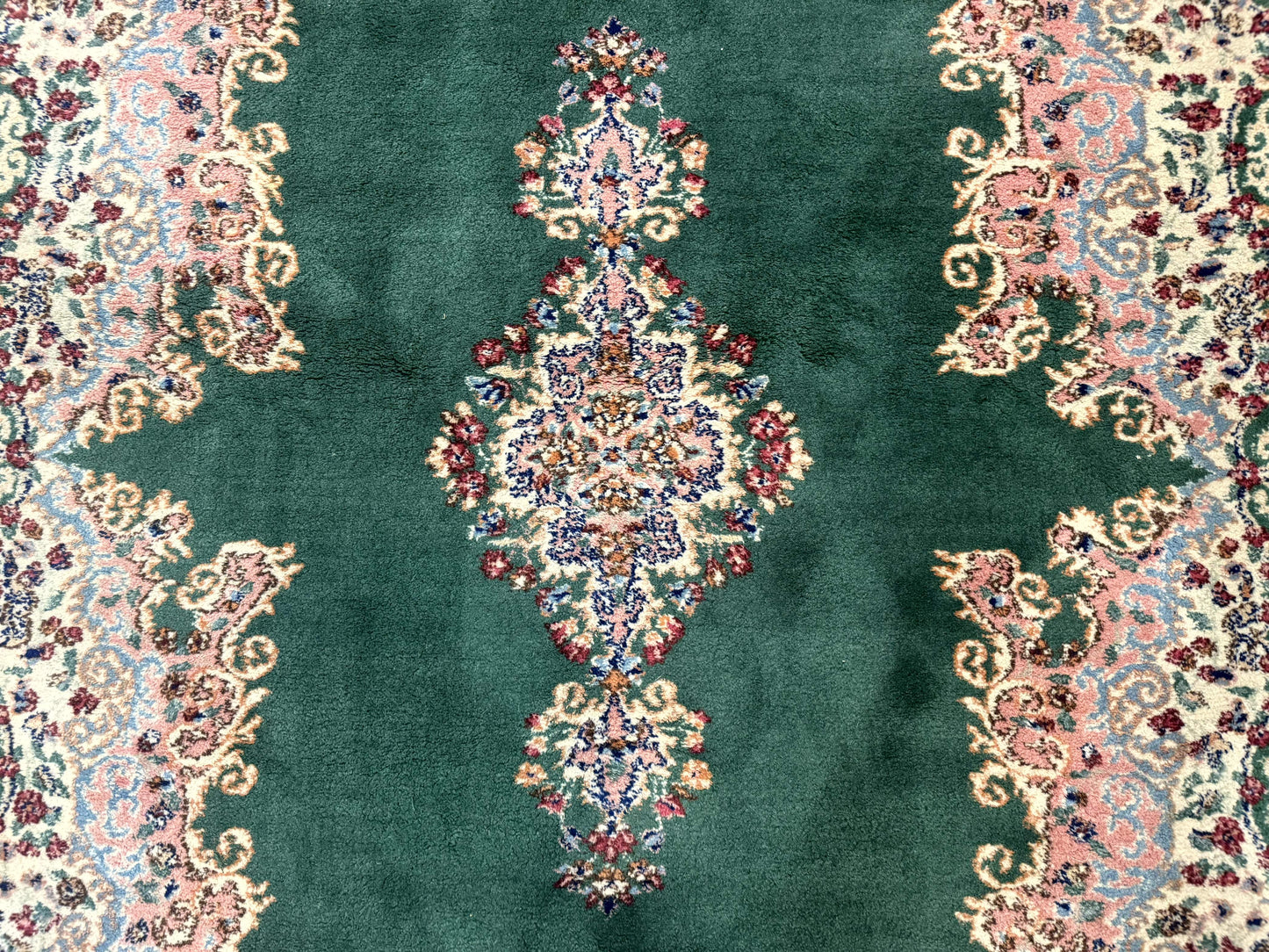 Persian Kerman Rug 4x6 Vintage Wool Green Ivory Pink Medallion Semi Open Field