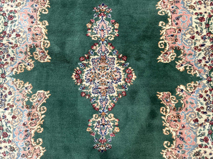 Persian Kerman Rug 4x6 Vintage Wool Green Ivory Pink Medallion Semi Open Field
