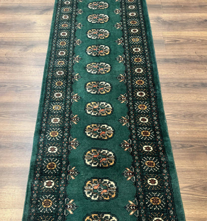 Pakistani Bokhara Runner Rug 2.5 x 11, Green Turkoman Wool Runner for Hallway