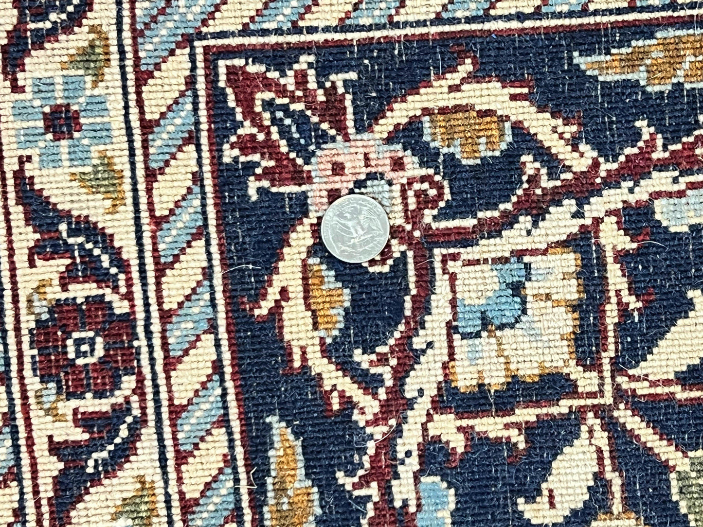 Indo Persian Sarouk Rug 9x12, Floral Allover, Dark Red & Navy Blue, Handmade Vintage Wool Carpet