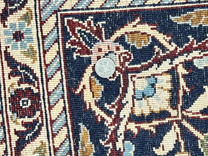 Indo Persian Sarouk Rug 9x12, Floral Allover, Dark Red & Navy Blue, Handmade Vintage Wool Carpet