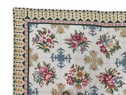 Hand-Knotted Needlepoint Carpet 6x9, Ivory/Cream Background, Colorful Flowers, Yellow Border, Aubusson Rug 6 x 9, New, Handmade