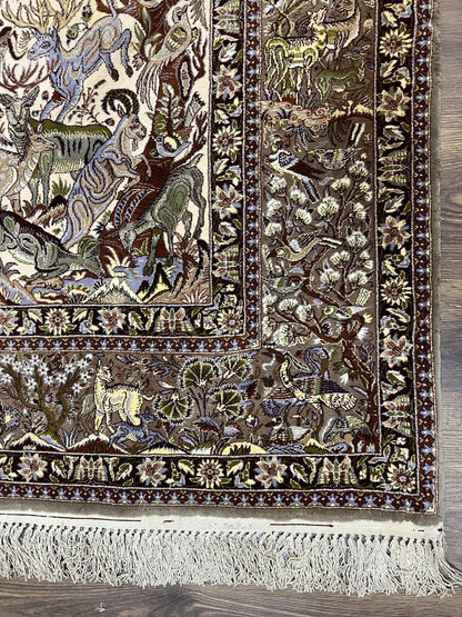 Persian Isfahan Rug 5x8 Tree Of Life With Animal Pictorials Kork Wool Silk