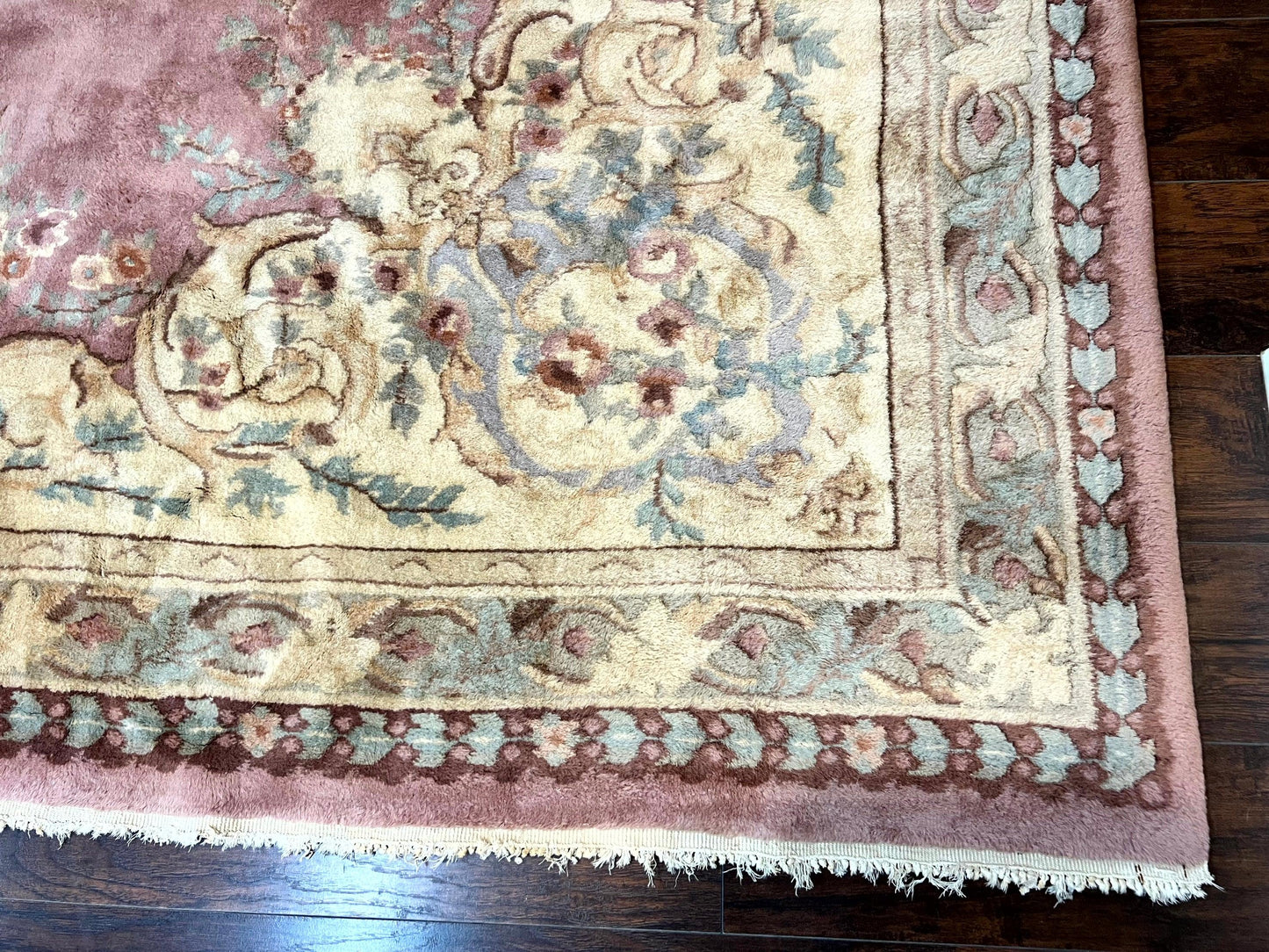 Indo Chinese Aubusson Wool Rug 10x14, Pink and Cream, Handmade Vintage Wool Carpet, Elegant European Design