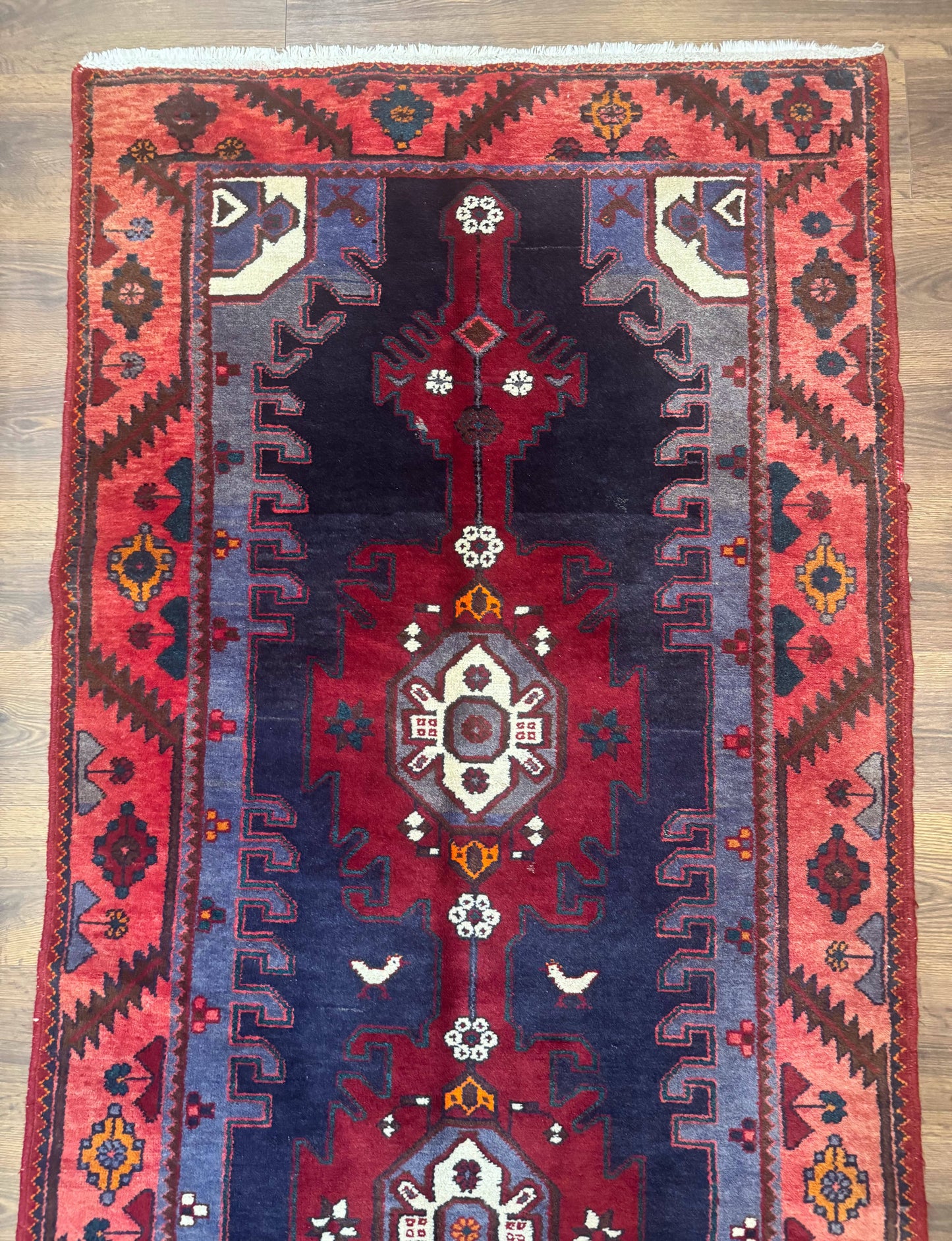 Persian Karajeh Runner Rug 3.6 x 9.5, Geometric Medallions, Tribal Village Rug, Navy Blue, Handmade