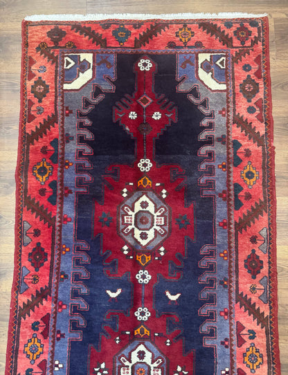 Persian Karajeh Runner Rug 3.6 x 9.5, Geometric Medallions, Tribal Village Rug, Navy Blue, Handmade