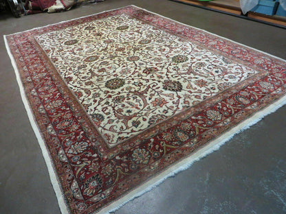 Hand Knotted Wool Rug Vintage Indian Floral Oriental Carpet 7x10