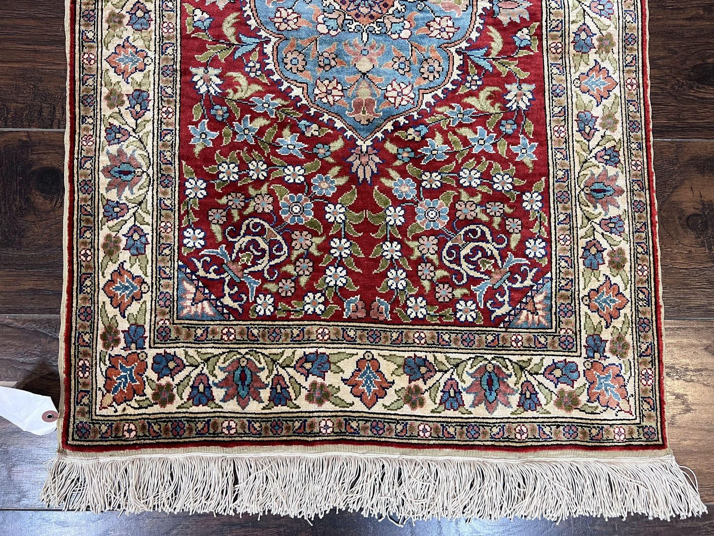 Silk Turkish Kayseri Rug 2x3, Small All Silk Turkish Carpet, Red and Light Blue, Very Fine Hand Knotted Semi Antique Vintage Handmade Rug