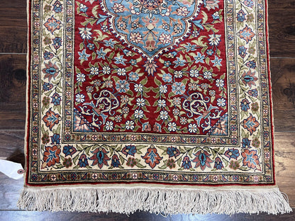 Silk Turkish Kayseri Rug 2x3, Small All Silk Turkish Carpet, Red and Light Blue, Very Fine Hand Knotted Semi Antique Vintage Handmade Rug